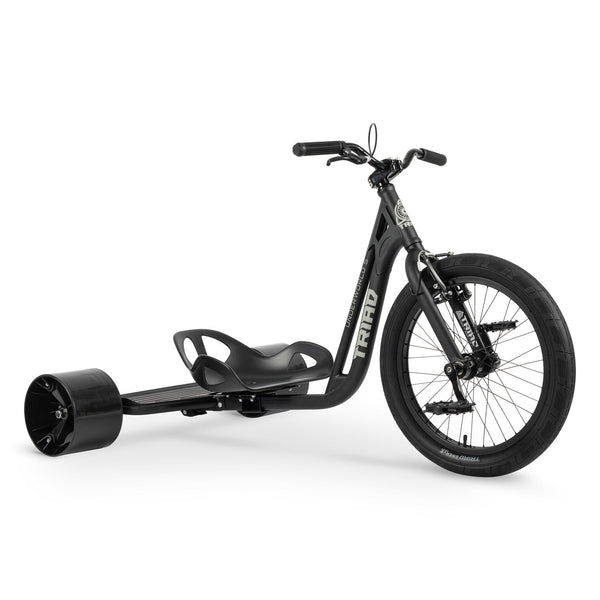 Triad DT Underworld 5 drift trike in matte black, with a quick release slider seat and Triad Swerve tyre