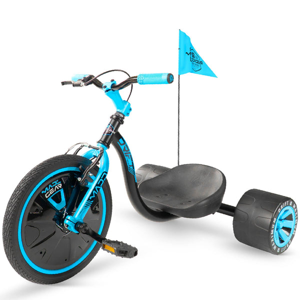 Madd Gear Mini Drift Trike in blue and black, with fat tread rear wheels and an adjustable bucket seat