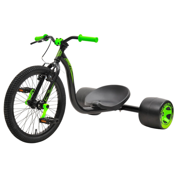 Madd Gear Drift 2.0 Trike in green and black, with a 20 inch freestyle front wheel and slick rear wheels